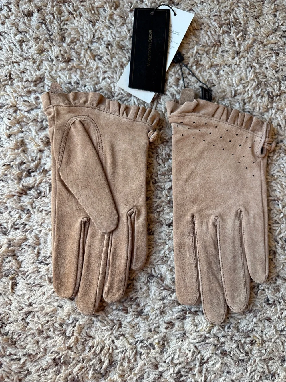 BCBGMaxAzria Taupe Suede Ruffle-Trim Gloves